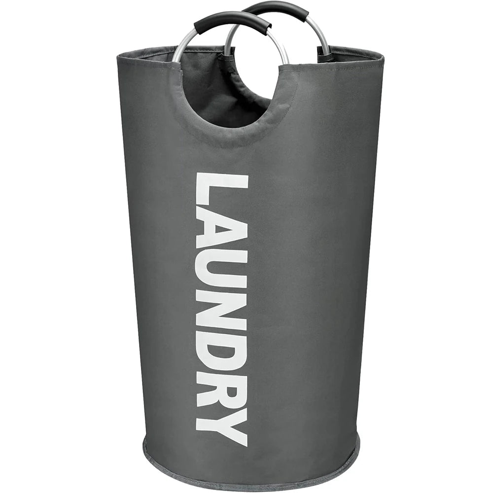 A gray collapsible large waterproof laundry basket with a handle.