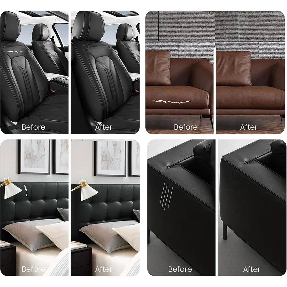 Before and after images showing self-adhesive leather repair tape used to fix damage on sofas, chairs, and other upholstery.