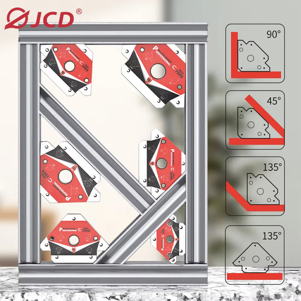 A set of four magnetic welding holders with 45°, 90°, and 135° angles displayed in a silver frame.
