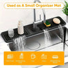 A kitchen sink splash guard is shown with water flowing over it, demonstrating its use as a small organizer mat for dish towe