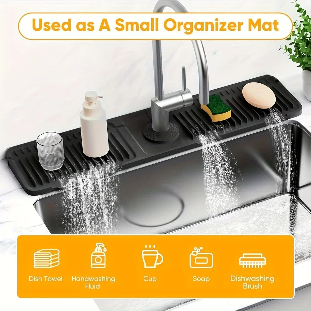 A kitchen sink splash guard is shown with water flowing over it, demonstrating its use as a small organizer mat for dish towe
