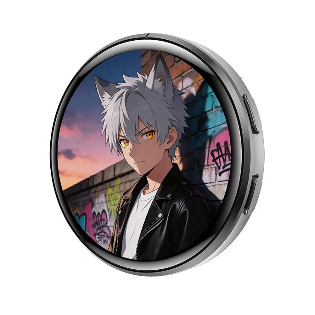 Anime digital badge featuring a male character with silver hair and orange eyes against a sunset background.