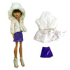 A fashion doll outfit featuring a white hooded jacket with pink trim and a purple skirt.