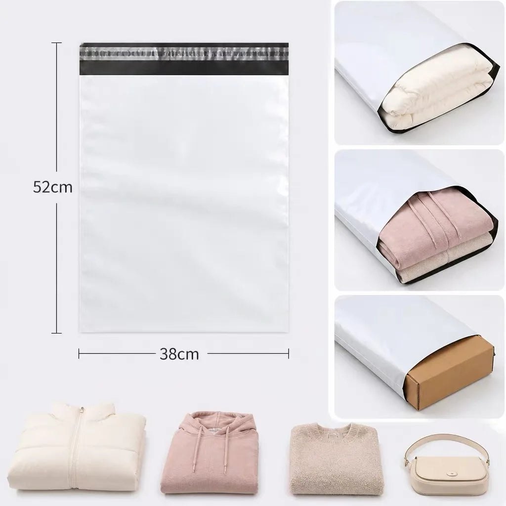 A set of five self-sealing mailing bags in white and pink fabric, shown with dimensions.