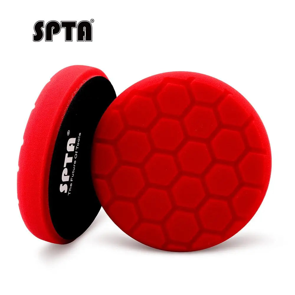 A pair of red hex-logic foam buffing pads for rotary and dual-action polishers.