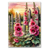 A painting of pink hydrangea flowers growing near a wooden fence at sunset.