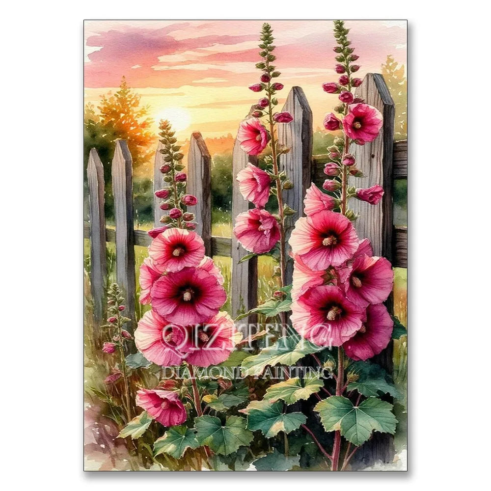 A painting of pink hydrangea flowers growing near a wooden fence at sunset.