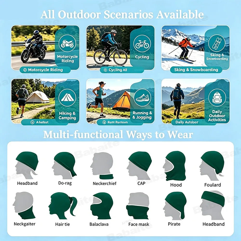 A variety of green multifunctional neck gaiters and face covers shown on various head shapes.