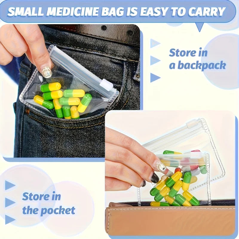 Hands show a small medicine bag with pills stored in a jean pocket and a leather organizer.
