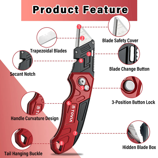 Diagram showing features of a red folding utility knife including trapezoidal blades, safety cover, and button locks.