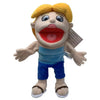 A plush toy of Jeffy, a puppet character with blonde hair and an open mouth.