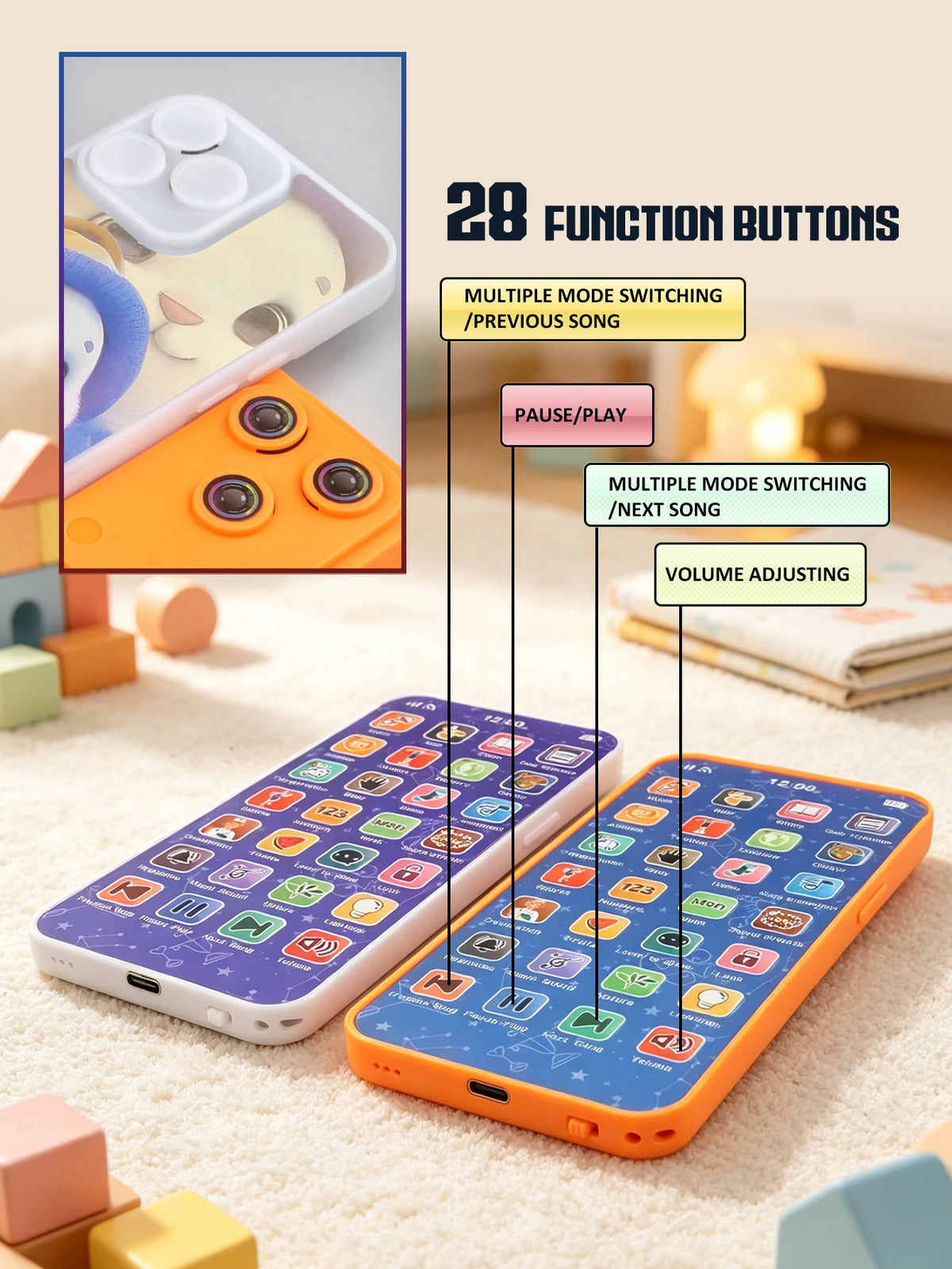 An orange kids smartphone learning toy with multiple function buttons and colorful icons, displayed on a light background.