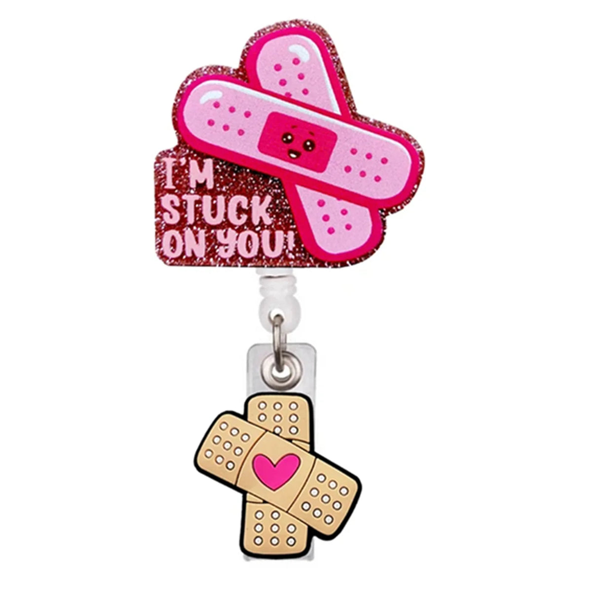 Heart Shape Glitter Acrylic Retractable Badge Reel with Crocodile Clip