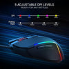 A dark gray gaming mouse with RGB lighting accents is shown against a blue digital background.
