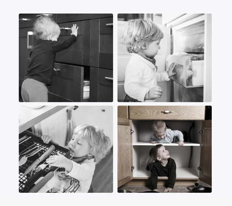A collage showing children interacting with a dark cabinet and an open refrigerator, demonstrating child safety cabinet locks
