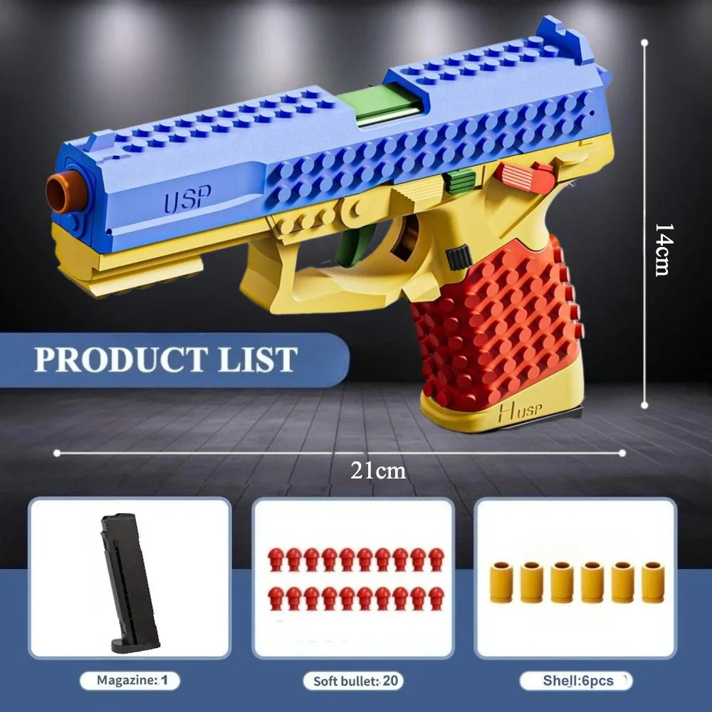 A yellow and blue building block toy pistol with a red grip and ejecting shell mechanism, shown against a dark background.