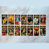 A collection of tarot cards featuring illustrations inspired by macabre literature and pop culture.