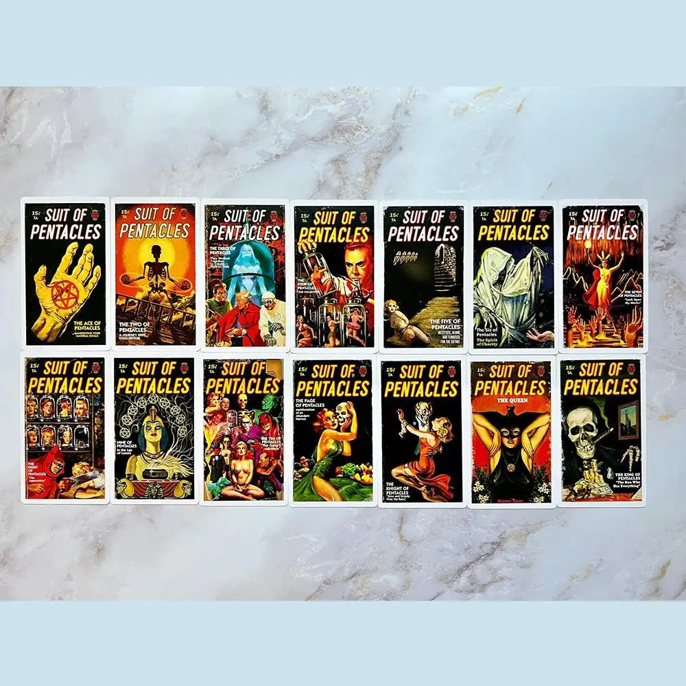 A collection of tarot cards featuring illustrations inspired by macabre literature and pop culture.