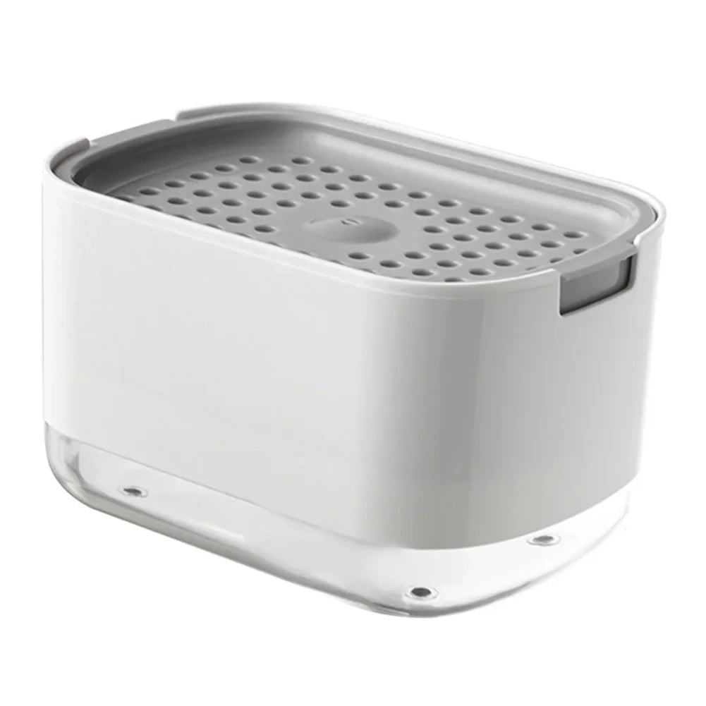 A white 2-in-1 dish soap dispenser with a removable lid and sponge holder.