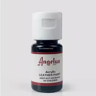 A bottle of Angelus Acrylic Leather Paint with a white cap and black body.