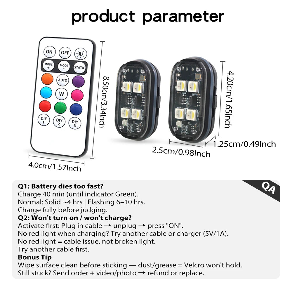 A product parameter sheet showing instructions and troubleshooting for rechargeable wireless LED strobe lights.