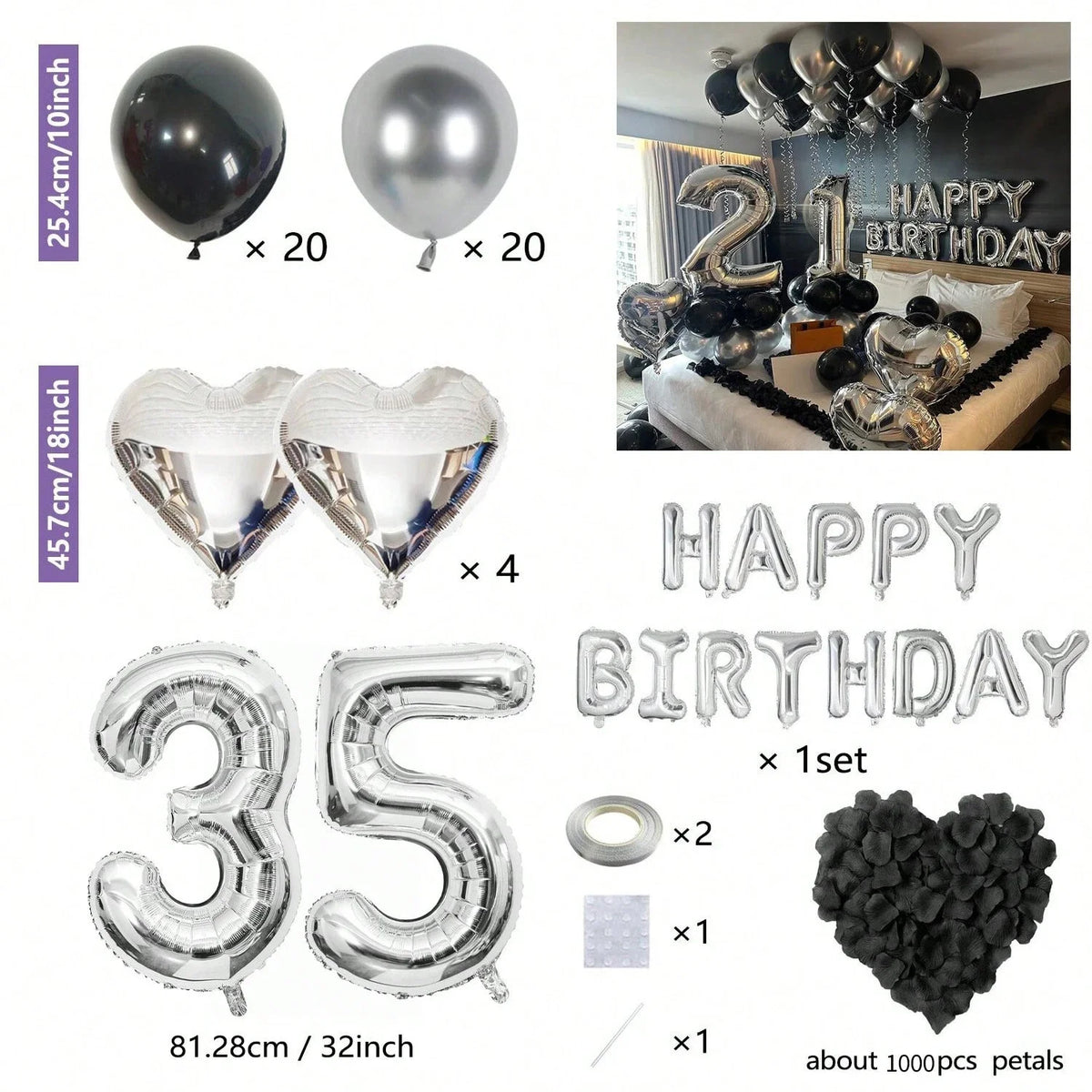 Partyballon-Dekorationen-Set mit silbernen und schwarzen Ballons, herzförmigen Folienballons und Zahlenballons.