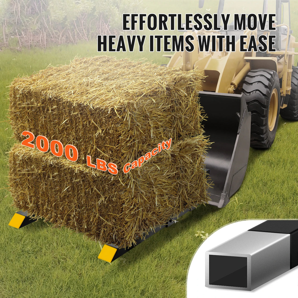 Heavy duty clamp-on pallet forks for tractor and skid steer used to move a large bale of hay.