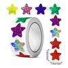 A roll of 500 glitter star stickers in various colors including yellow, purple, blue, and green.