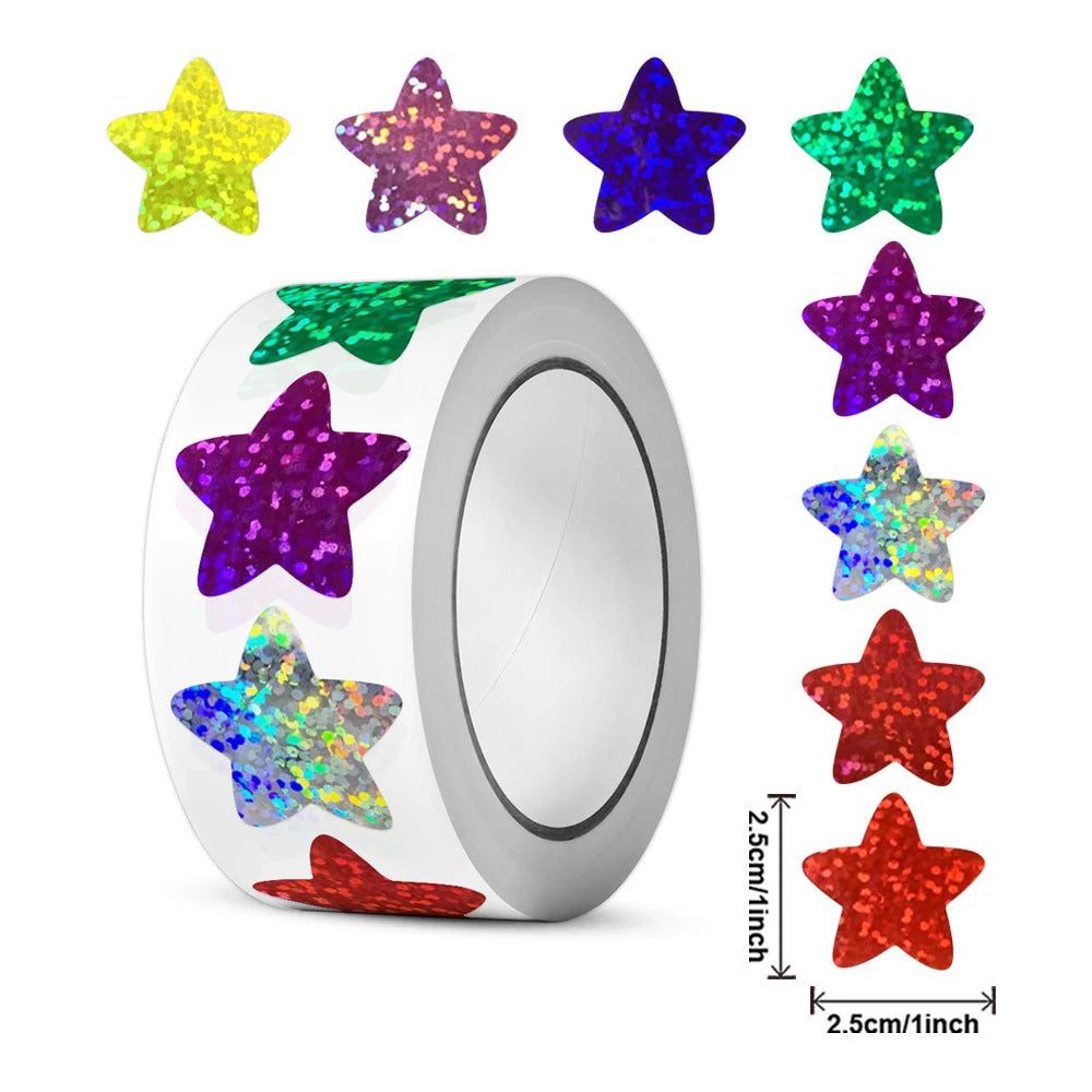 A roll of 500 glitter star stickers in various colors including yellow, purple, blue, and green.