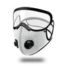 A clear reusable cycling face mask with a black frame and mesh filter.