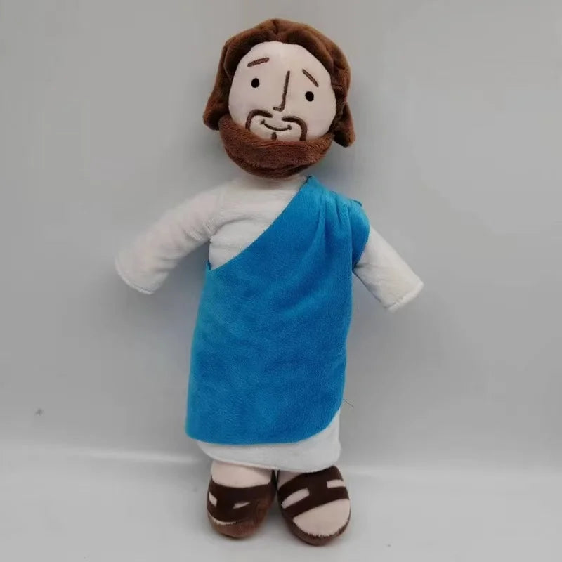 A plush doll depicting a bearded man with brown hair wearing a blue robe and white undergarment.