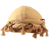 A beige vintage twist head wrap with fringed tassels shown from above.