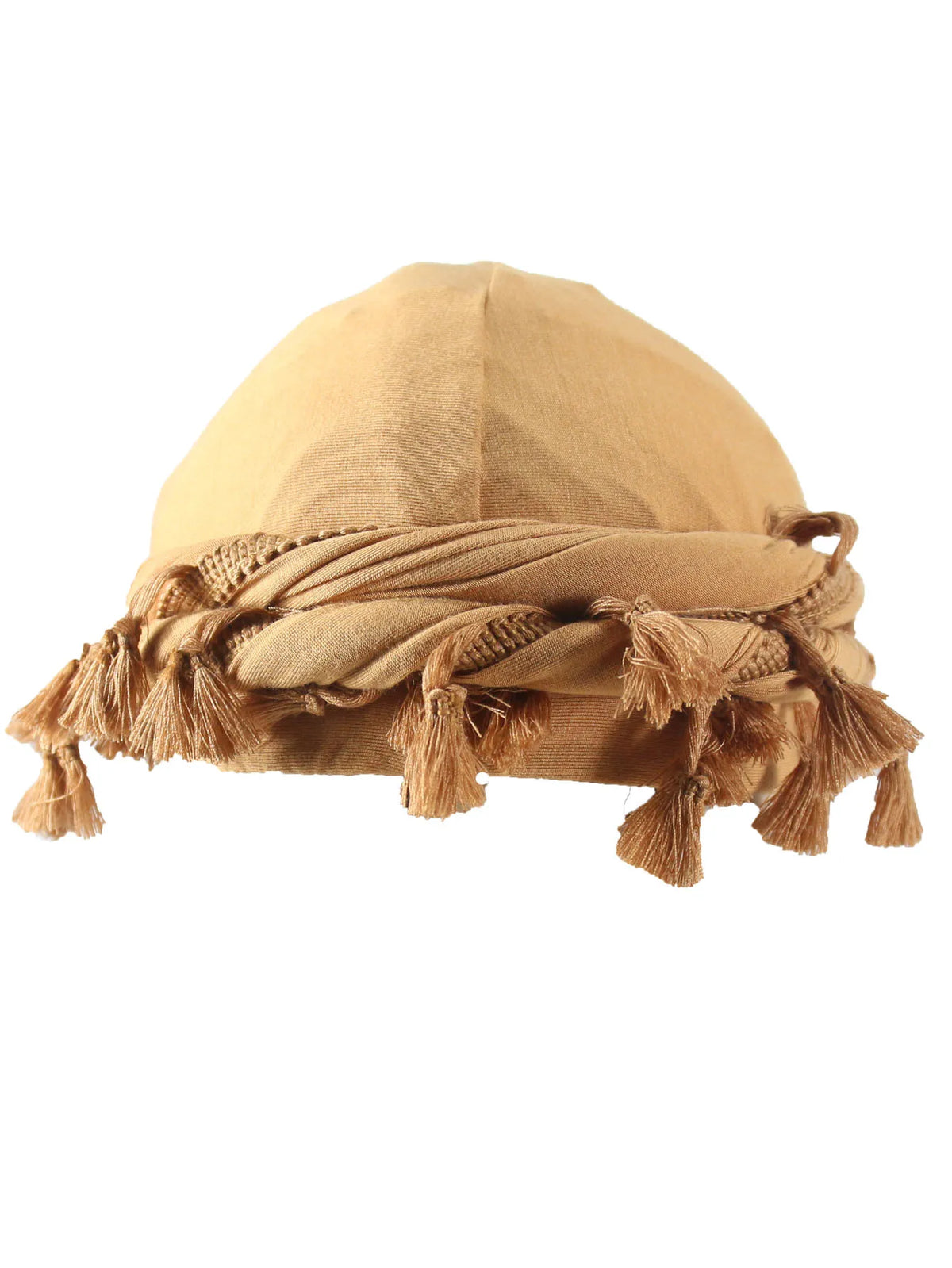 A beige vintage twist head wrap with fringed tassels shown from above.