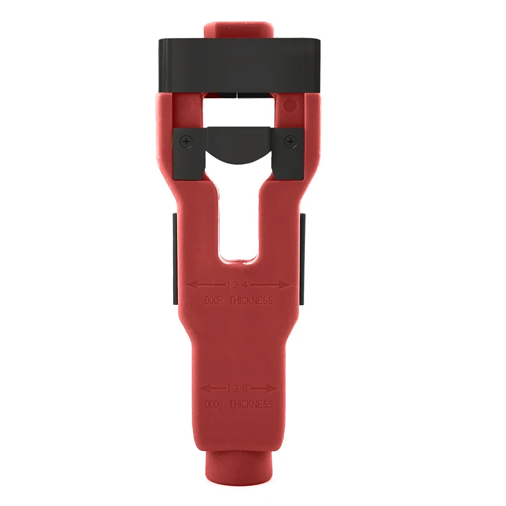 A red door latch mortise installation kit with a black guide and chisel tool.