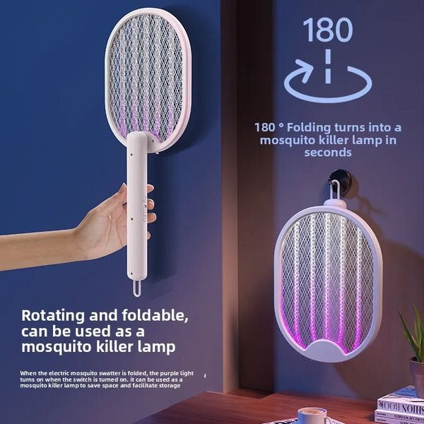 Lámpara electrica plegable blanca para mosquitos, mostrando su función de giro y plegado.