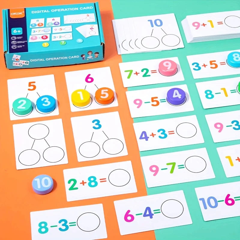 A set of colorful digital operation cards for addition and subtraction learning, including a box and individual cards.
