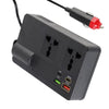 A black car power inverter with multiple output ports including USB and Type-C connections.