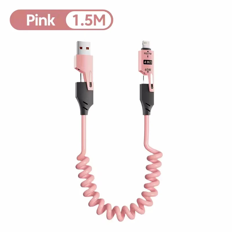 Pink 1.5M retractable fast charging cable with USB-C and Lightning connectors