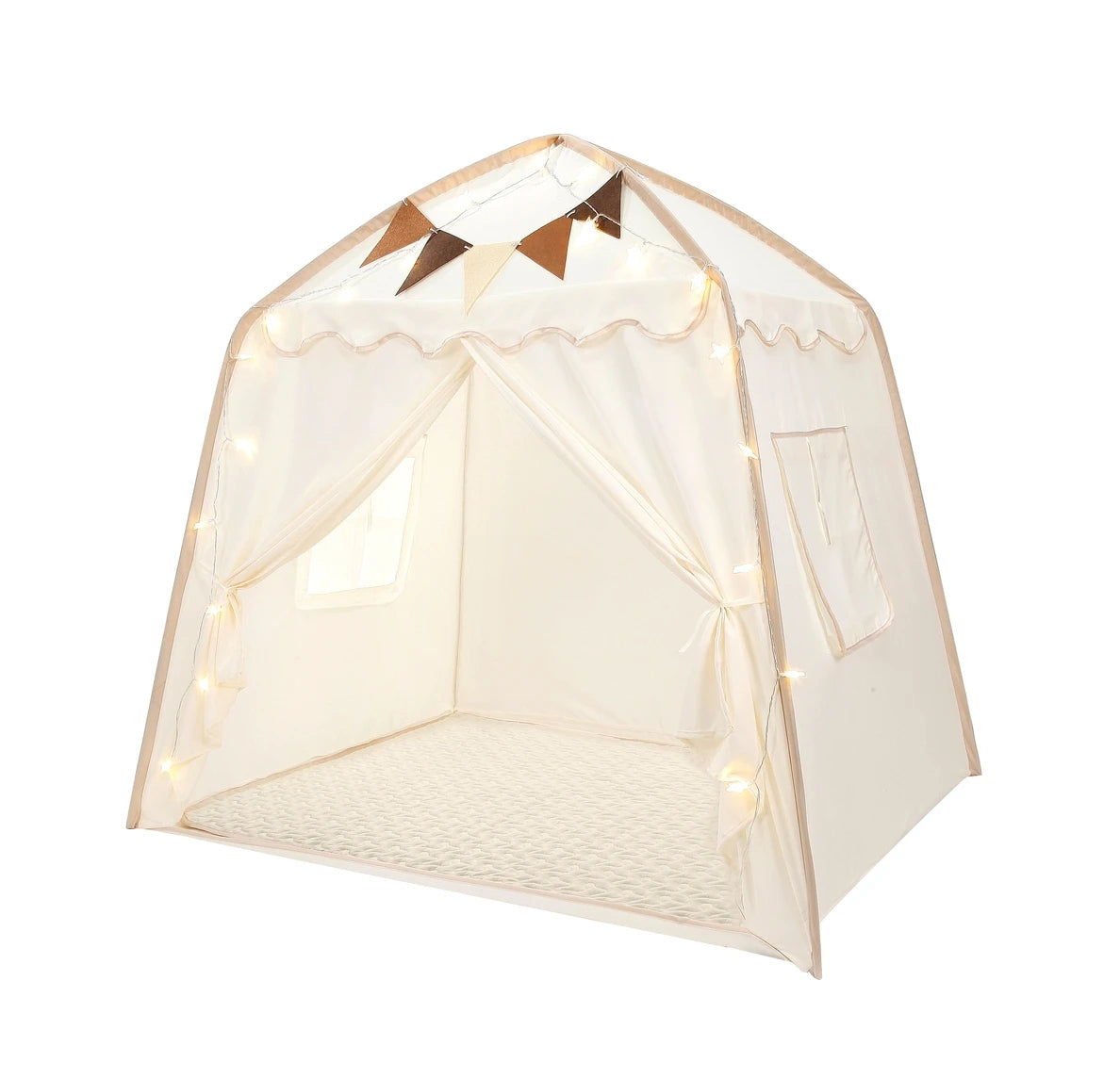 A light beige foldable princess castle play tent with a sheer fabric roof and decorative bunting.