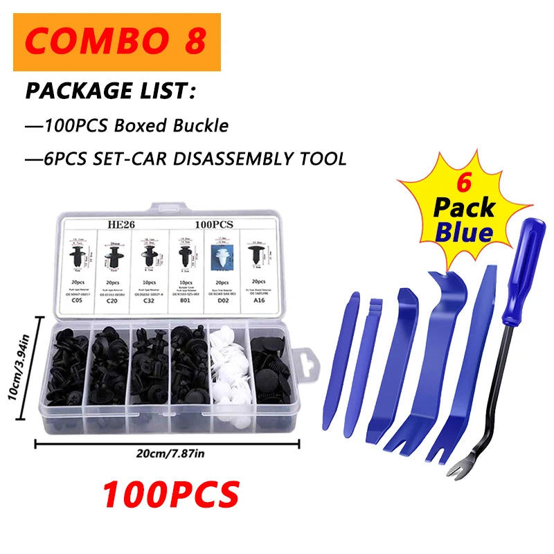 Combo 8 package list showing a 100PCS boxed buckle and a 6PCS set car disassembly tool in blue.