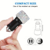 A hand holds a compact rhinestone dual USB car charger with a black connector and silver tip.