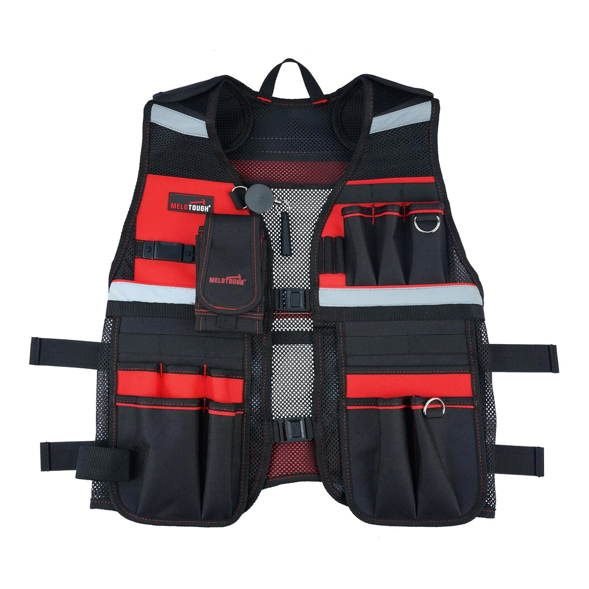 Black reflective tool vest with multiple pockets and a phone holder