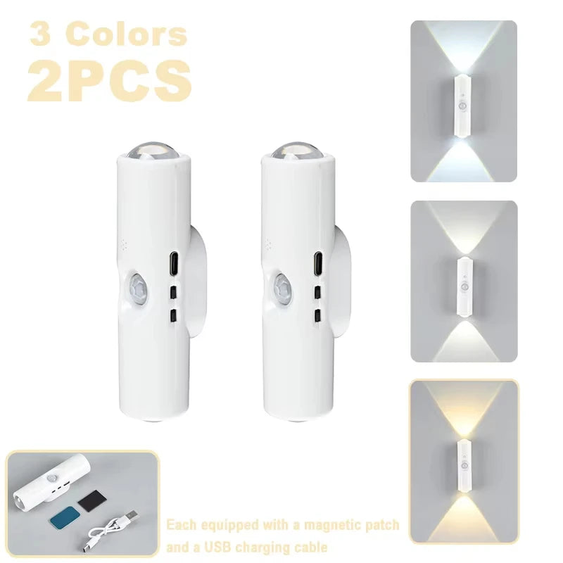 Three white rechargeable motion sensor LED night lights are shown in various angles.