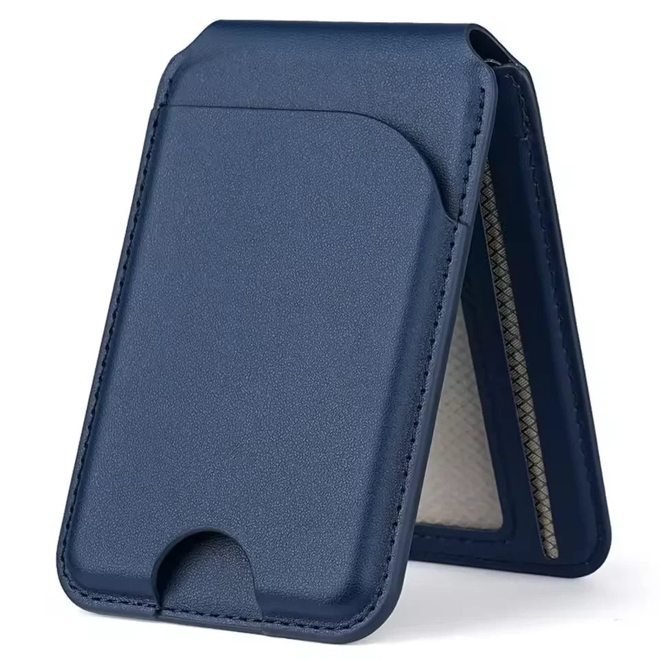 Portefeuille en cuir bleu foncé avec protection et support réglable.