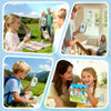 A collage showing children using video walkie talkies outdoors and indoors with adults.