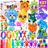 Assortment of colorful kids party favors including tiger toys, slime, and snap bracelets