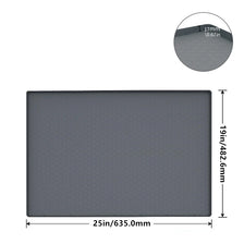 A rectangular gray silicone mat for under-sink use with a raised edge and dimensions of 25in by 19in.