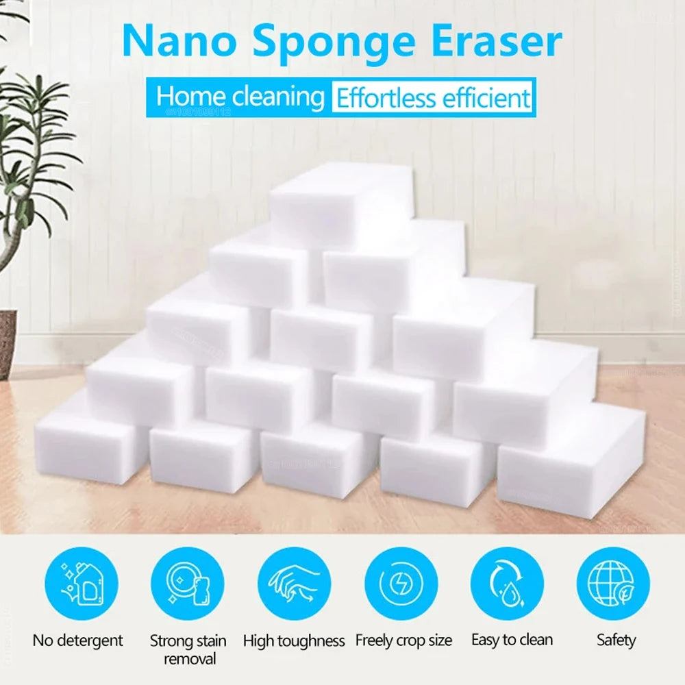 A stack of white nano sponge erasers for home cleaning and stain removal.