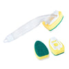 A white dish wand features a yellow sponge head and a replacement green sponge head.