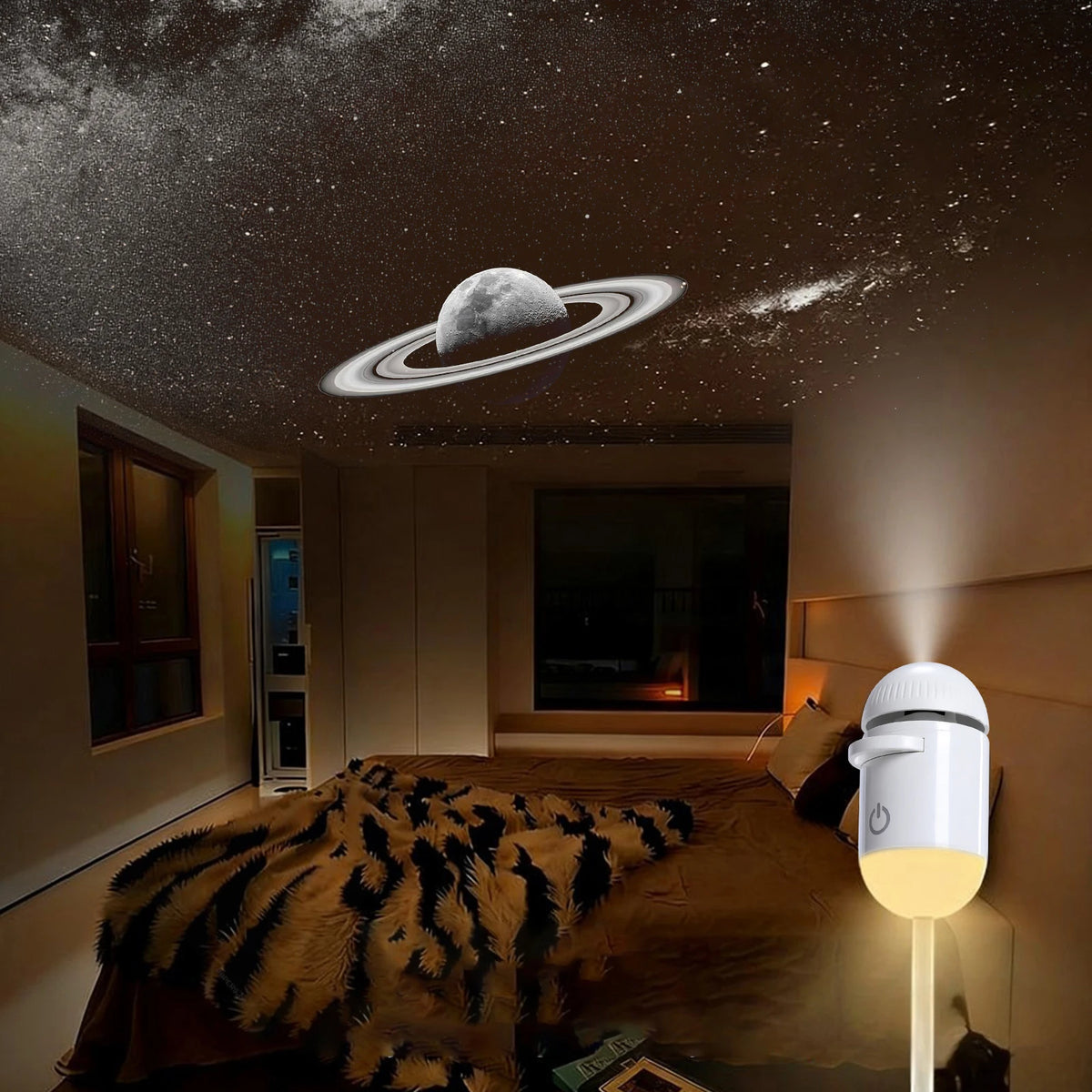 A 2-in-1 mini galaxy star projector night light illuminates a room with a moon and stars projected onto the ceiling.